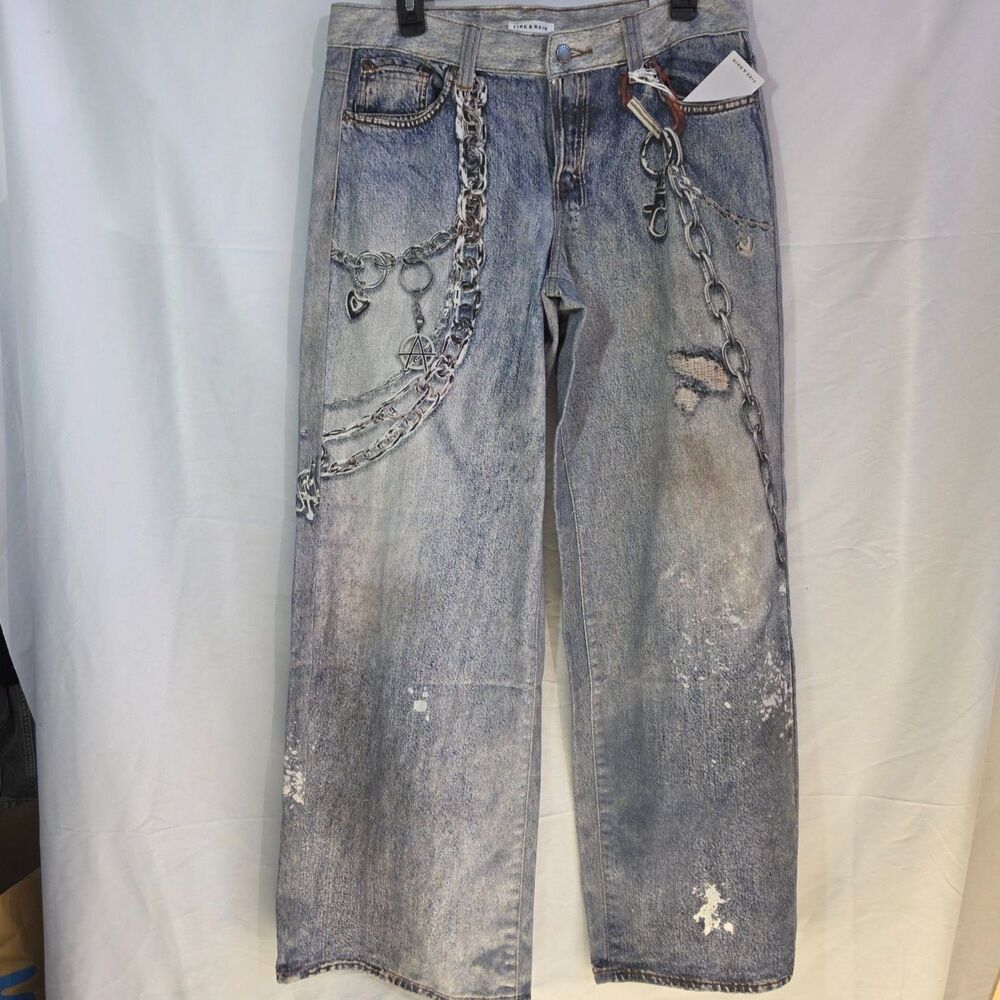 NWT Fire & Rain Baggy Jeans Low Rise Graphic Chain Print Acid Wash Denim 9/33